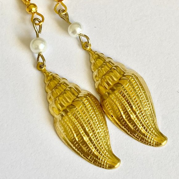 Vintage Conch Shell Pearl Earrings Gold Plated Dangle Sea Life Island Nautical - Picture 5 of 11